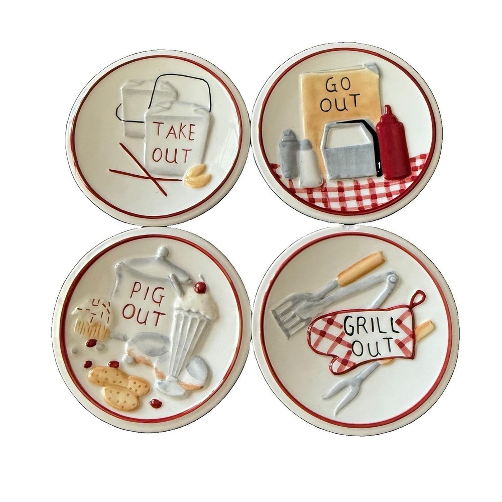 Market Pig Out Grill Out Go Out Take Out Embossed Snack Plates Set of 4 4.5"